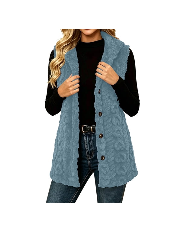 Vest for Women Casual Button Down Sleeveless Vest Fuzzy Fleece Warm Cable Knit Outerwear