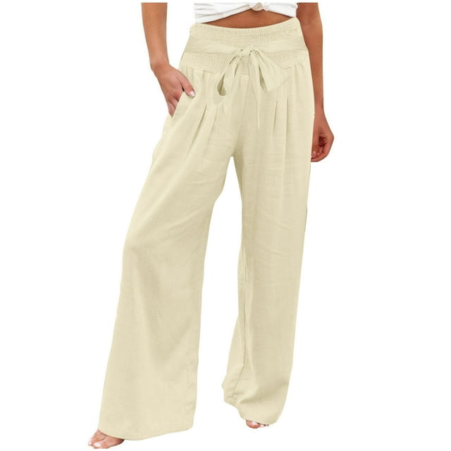 Admvng Wide Leg Pants Woman High Waist Wide Leg Pants Smocked Elastic Waist Flowy Palazzo Lounge Pants Loose Trousers with Pockets S-3XL