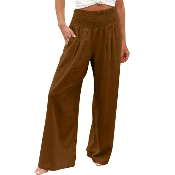 Admvng Wide Leg Pants Woman High Waist Wide Leg Pants Smocked Elastic Waist Flowy Palazzo Lounge Pants Loose Trousers with Pockets S-3XL