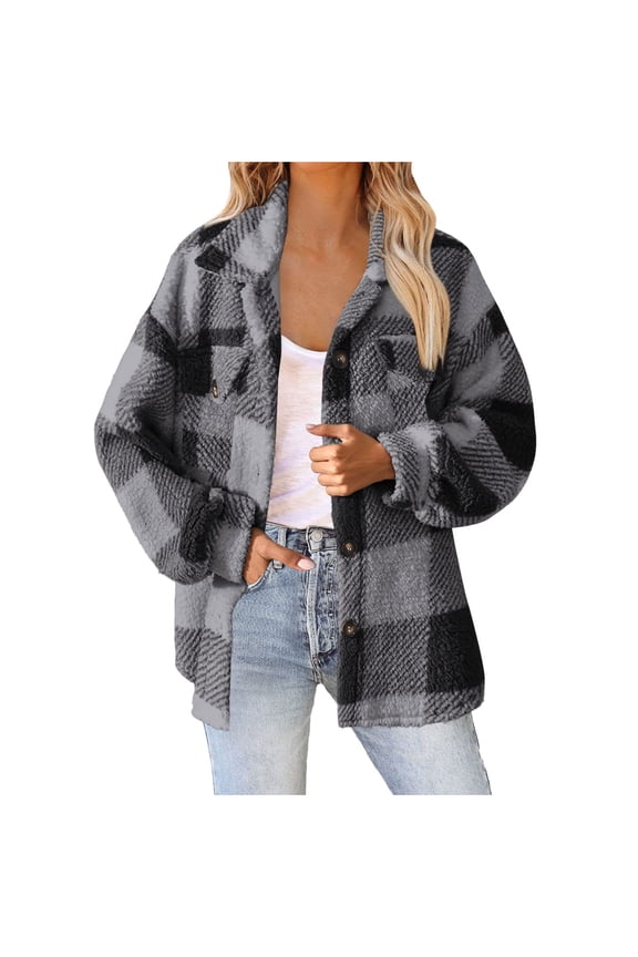 Winter Coats for Women Plaid Straight Shacket Thick Coat for Warmth Button down Warm and Fuzzy Fleece Jacket S-2XL