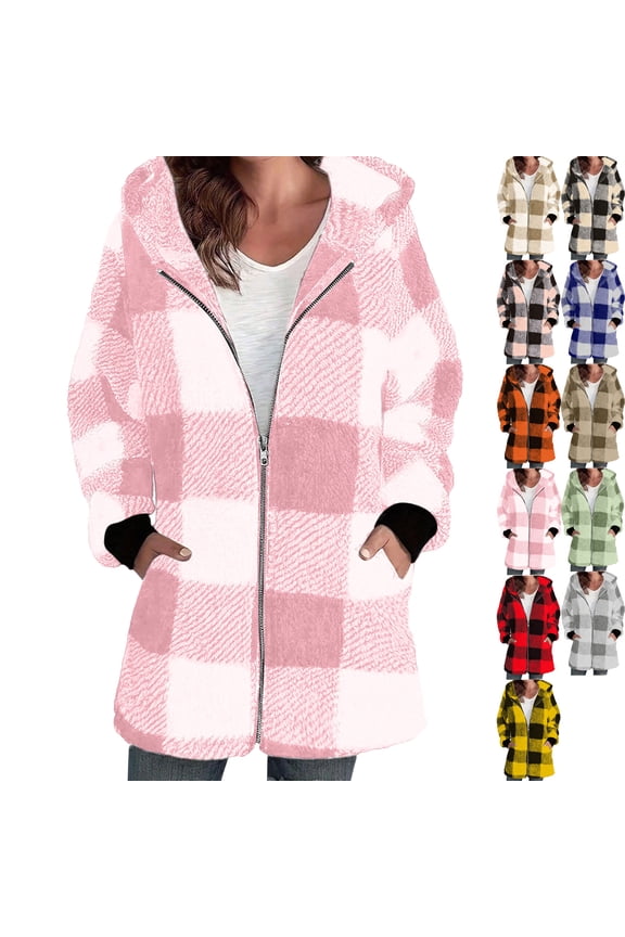 Winter Coats for Women Plaid Warm Coat Zipper Fleece Hooded Jacket Long Sleeve Outerwear with Pockets S-2XL