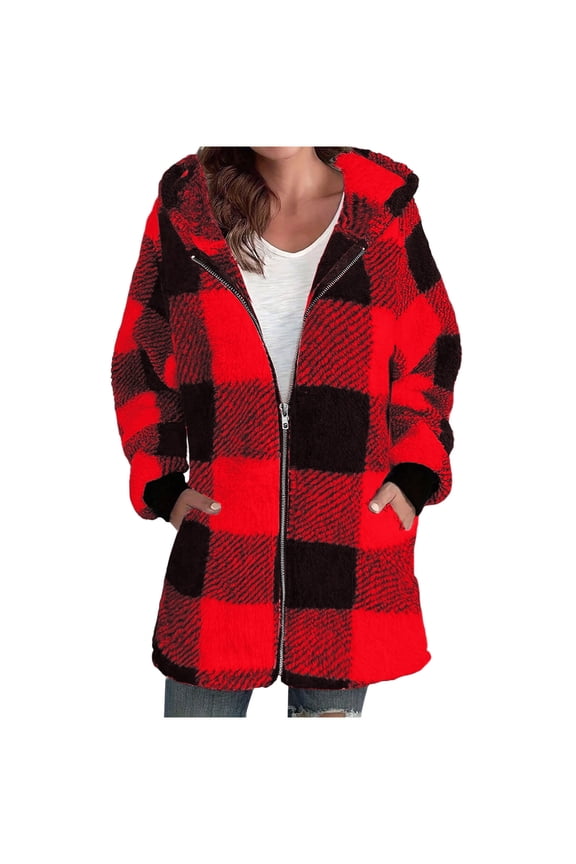 Winter Coats for Women Plaid Warm Coat Zipper Fleece Hooded Jacket Long Sleeve Outerwear with Pockets S-2XL