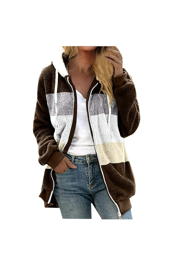 Winter Coats for Women Plus Size Patchwork Long Sleeve Zipper Warm Plush Hooded Sweater Coat for Women S-5XL