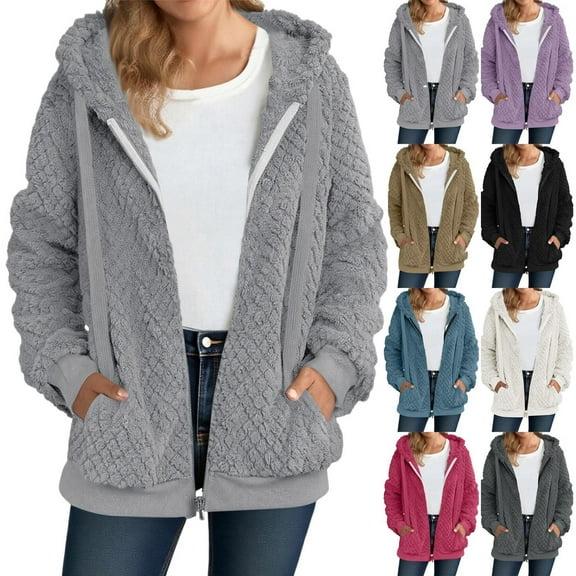 Admvng Winter Coats for Women Plush Fleece Long Sleeve Zip Hooded Jacket Casual Warm Outerwear, Size S-2XL