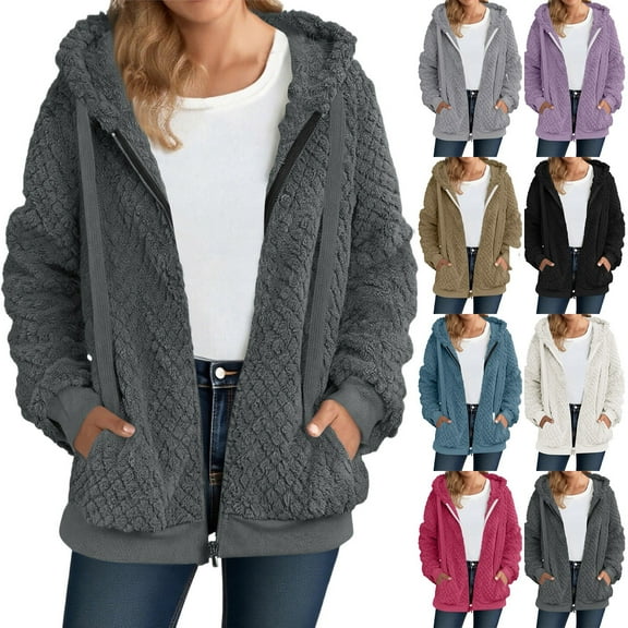 Admvng Winter Coats for Women Plush Fleece Long Sleeve Zip Hooded Jacket Casual Warm Outerwear, Size S-2XL