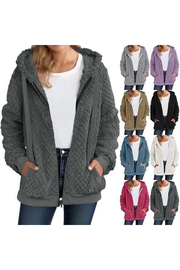 Admvng Winter Coats for Women Plush Fleece Long Sleeve Zip Hooded Jacket Casual Warm Outerwear, Size S-2XL
