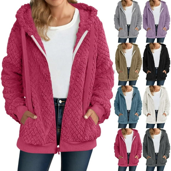 Admvng Winter Coats for Women Plush Fleece Long Sleeve Zip Hooded Jacket Casual Warm Outerwear, Size S-2XL