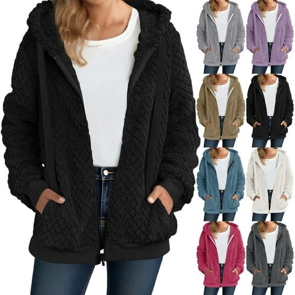 Admvng Winter Coats for Women Plush Fleece Long Sleeve Zip Hooded Jacket Casual Warm Outerwear, Size S-2XL