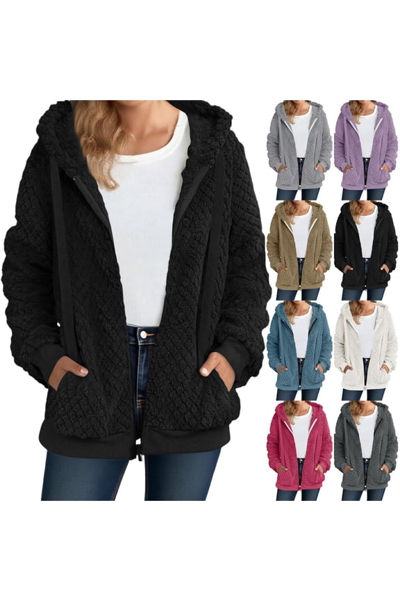 Admvng Winter Coats for Women Plush Fleece Long Sleeve Zip Hooded Jacket Casual Warm Outerwear, Size S-2XL