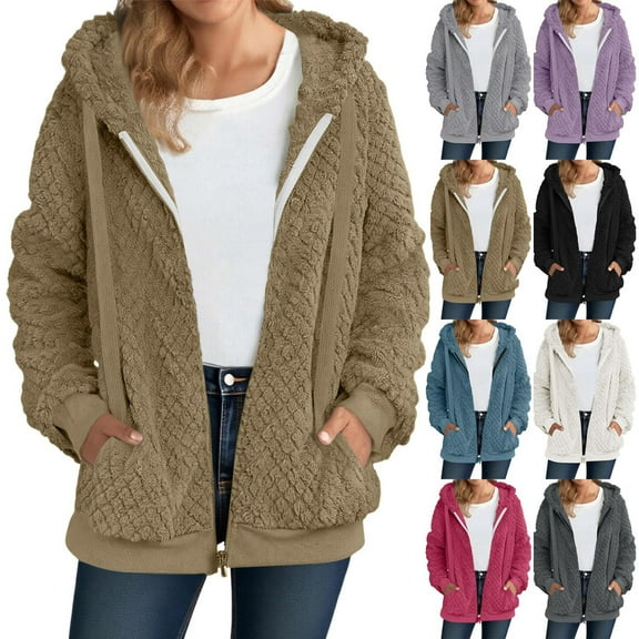 Admvng Winter Coats for Women Plush Fleece Long Sleeve Zip Hooded Jacket Casual Warm Outerwear, Size S-2XL