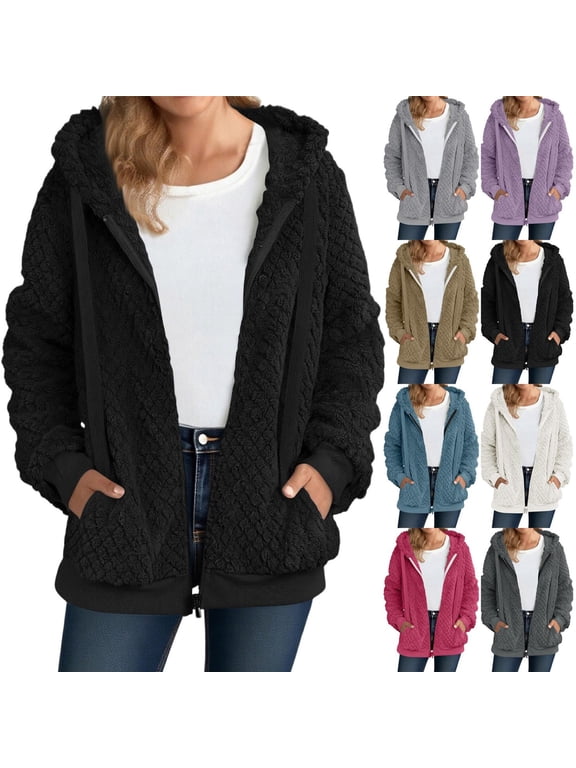 Winter Coats for Women Plush Fleece Long Sleeve Zip Hooded Jacket Casual Warm Outerwear, Size S-2XL