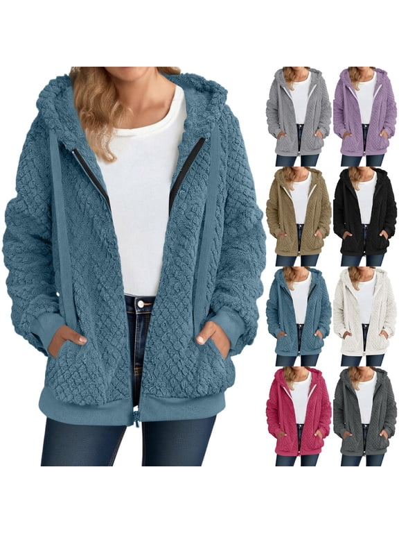 Luvrsol Winter Coats for Women Plush Fleece Long Sleeve Zip Hooded Jacket Casual Warm Outerwear, Size S-2XL