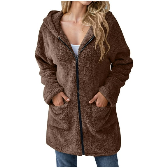 Admvng Winter Coats for Women Solid Faux Coats Long Sleeve Pockets Fleece Warm Zip up Jacket Casual Trendy Outerwear S-2XL