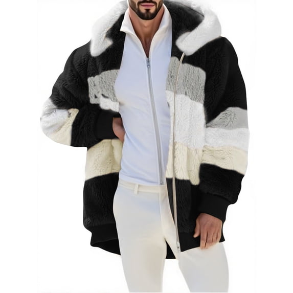 Admvng Winter Jackets Men Casual Patchwork Zipper Pockets Long Sleeve Blouses Hooded Winter Fleece Coats, Size S-3XL