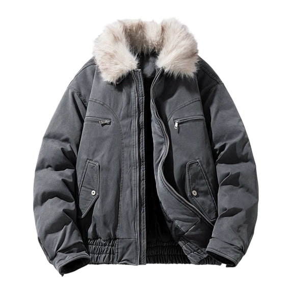 Admvng Winter Jackets for Men Faux Fur Collar Zipper Winter Coat Multiple Pockets Warm Mens Winter Jacket M-4XL