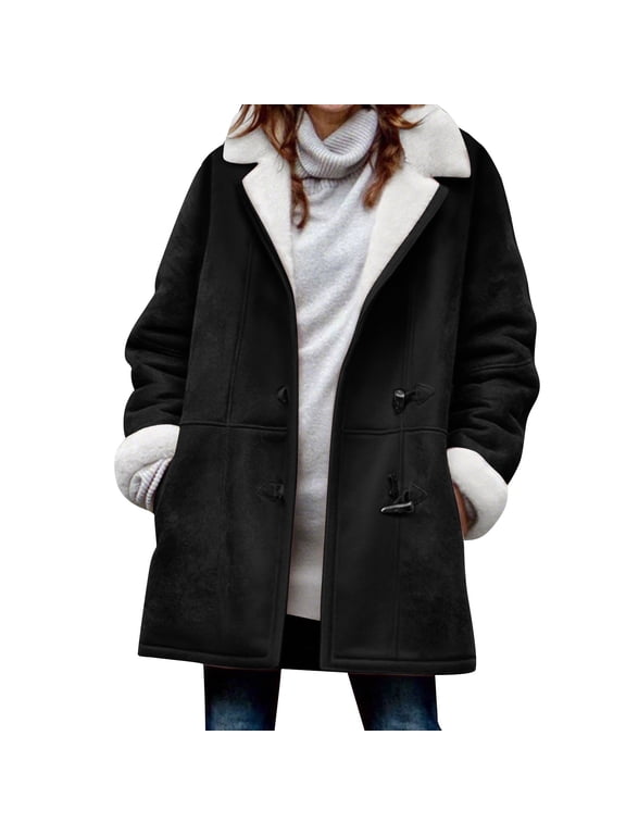 Winter Jackets for Women Fashion Warm Fleece Jacket Snap Button Closure Solid Thermal Lined, Size S-5XL