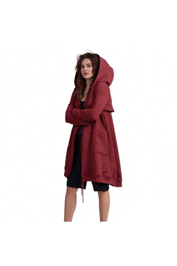 Admvng Winter Jackets for Women Solid Double Headed Zipper Jacket Thickening Long Hooded Sweatshirt Trench Coat, Size S-2XL