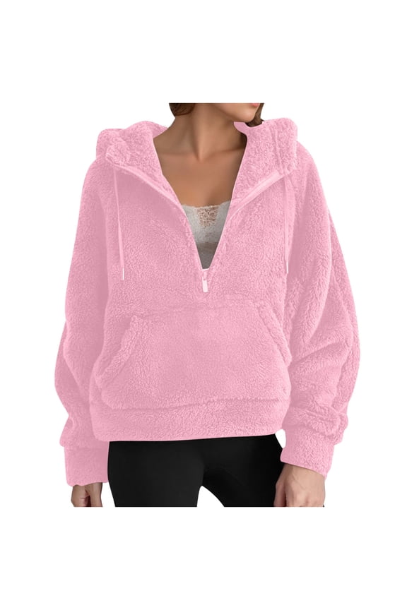 Winter Jackets for Women Solid Long Sleeved Fleece Hoodie Half Zip Pocket Activewear Winter Fleece Jacket for Women S-2XL