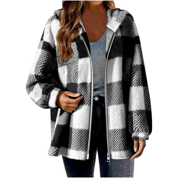 Admvng Winter Jackets for Women Zipper Plaid Cardigan Tops Coats Plush Fleece Jacket Hooded Warm Coat, Size S-5XL