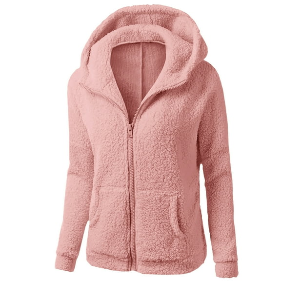 Admvng Winter Long Coats for Women Solid Color Warm Loose Plush Zip Long Sleeve Hooded Casual Jacket Winter Clothing for Women S-2XL