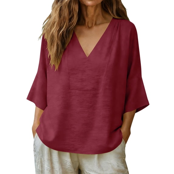 Admvng Woman's Tops V Neck Solid 3/4 Sleeve Casual Plus Cotton Linen Summer Basic Nice Loose Tee Shirts Size S-3XL