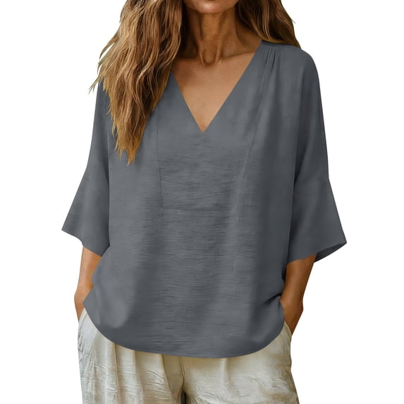 Admvng Woman's Tops V Neck Solid 3/4 Sleeve Casual Plus Cotton Linen Summer Basic Nice Loose Tee Shirts Size S-3XL