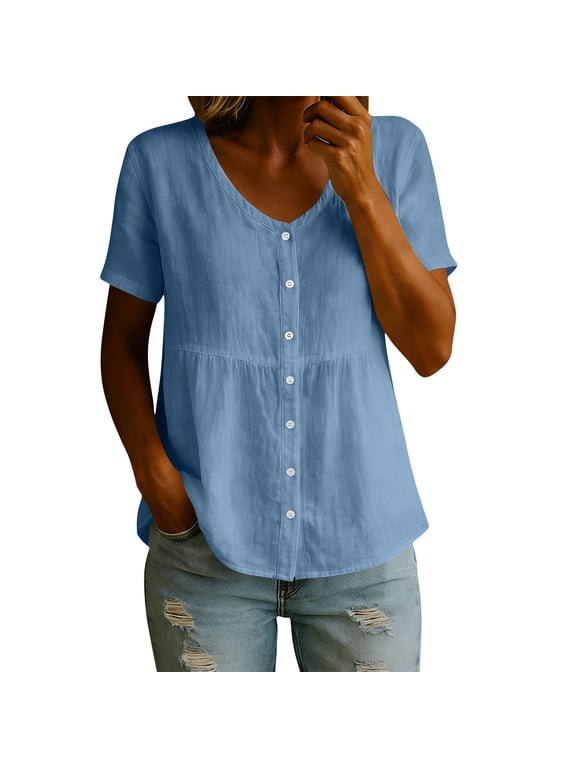 Woman's Tops V Neck Solid Short Sleeve Casual Plus Cotton Summer Cute Plain Loose Nice Tee Shirts Size S-2XL