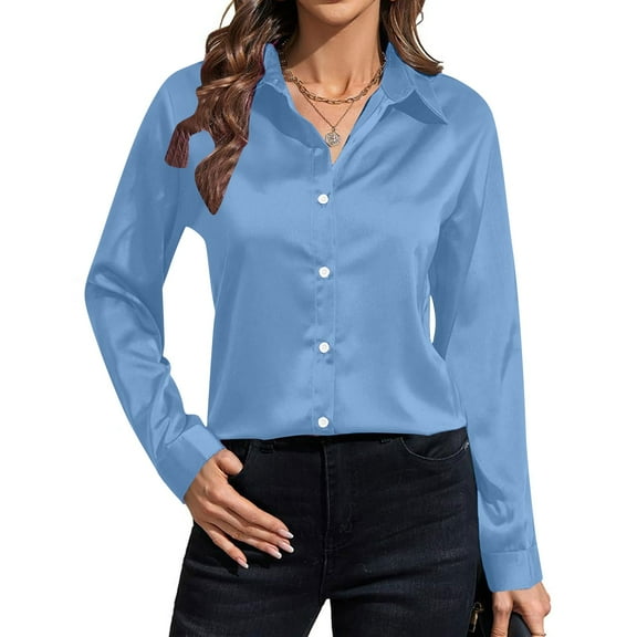 Admvng Women Blouses New Long Sleeve Lapel Button Solid Color Satin Casual Shirt S-2XL
