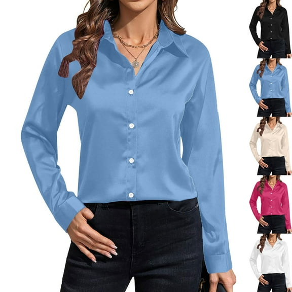 Admvng Women Blouses New Long Sleeve Lapel Button Solid Color Satin Casual Shirt S-2XL