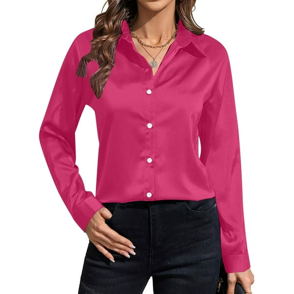 Admvng Women Blouses New Long Sleeve Lapel Button Solid Color Satin Casual Shirt S-2XL