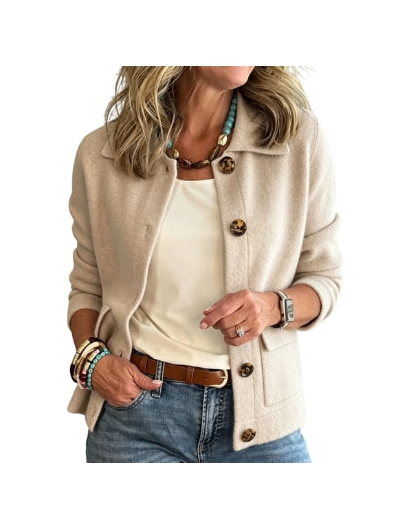 Women Lapel Jacket Collar Button Down Long Sleeve Pocket Cropped Casual Shacket