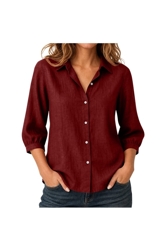 Women Linen Collared Blouse Button Down 3/4 Elastic Bubble Cuff Solid Color Casual Summer Shirt Top