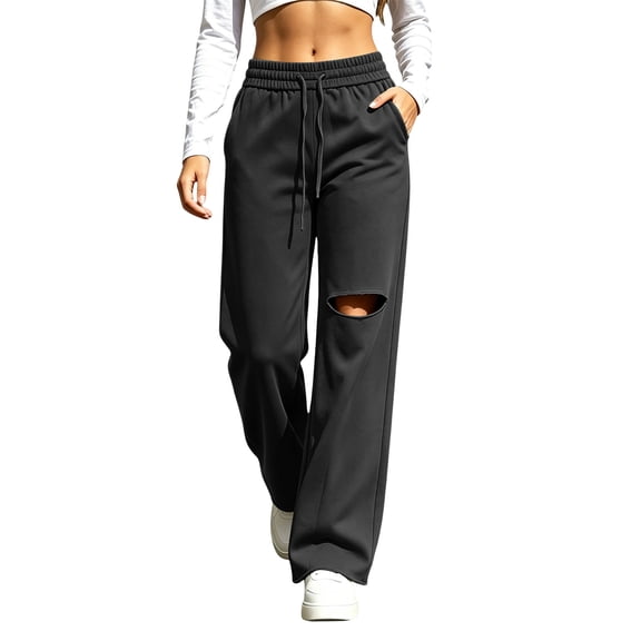 Admvng Women Ripped Wide Leg Sweatpants High Waist Drawstring Casual Streetwear Pants with Side Pockets