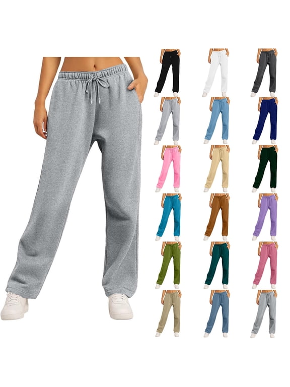 Women Sweatpants Solid Color Wide Leg Sweatpants Fall Casual Pants, Size S-2XL