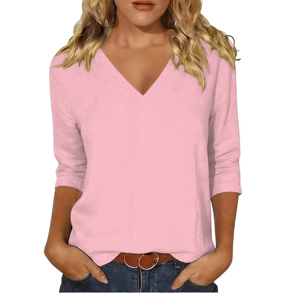 Admvng Women Tops V Neck Solid 3/4 Sleeve Casual Cotton Summer Plain Everyday Trendy Soft Loose Tee Shirts Size S-2XL
