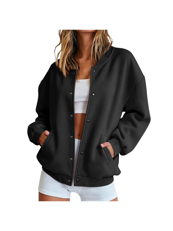 Women's Baseball Jacket Snap Button Casual Pocket Trendy Bomber Outerwear