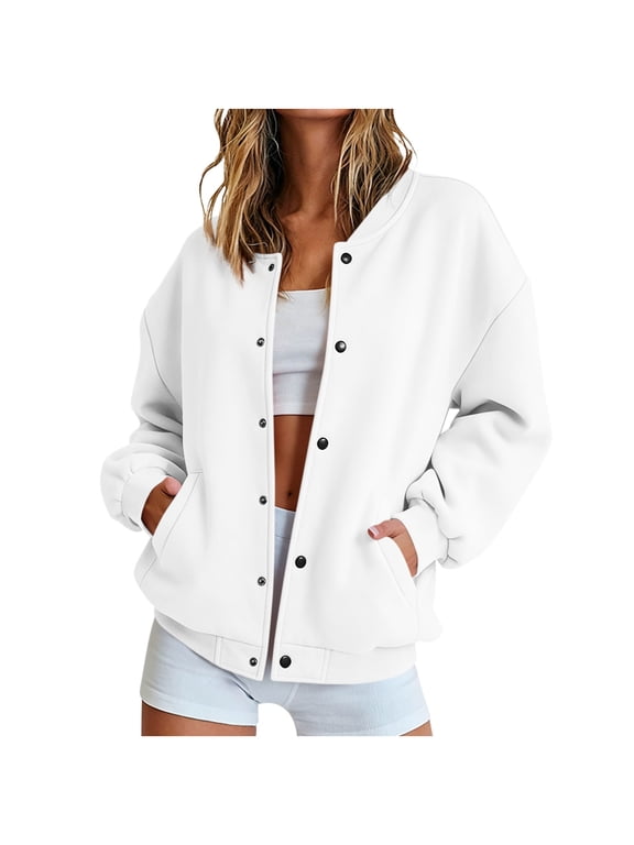 Women's Baseball Jacket Snap Button Casual Pocket Trendy Bomber Outerwear