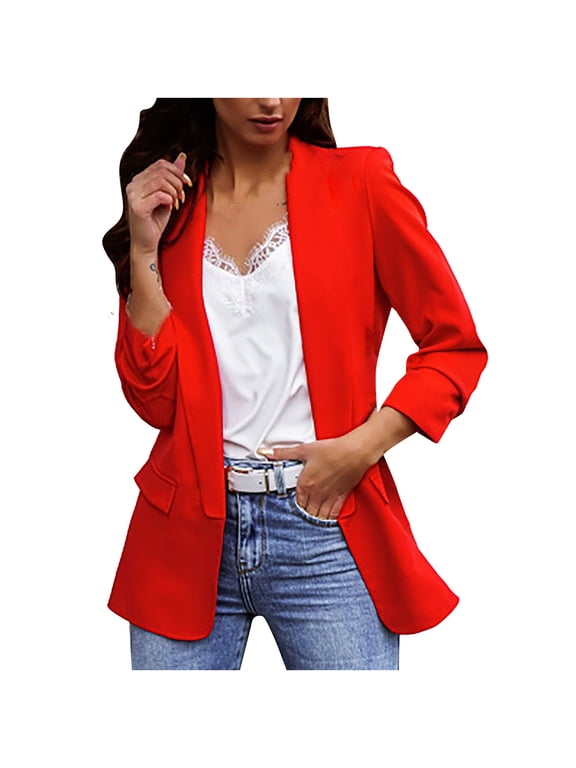 Women's Blazer Jacket Lightweight Casual Office Business Suit Coat with Flap Pockets