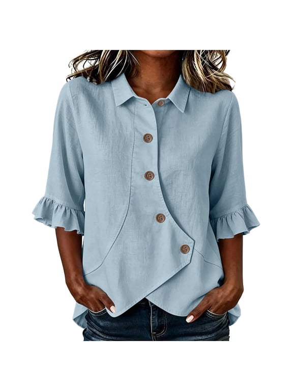 Women's Blouse Lapel Collar Asymmetric Button 3/4 Ruffle Cuff Solid Color Casual Summer Shirt Top