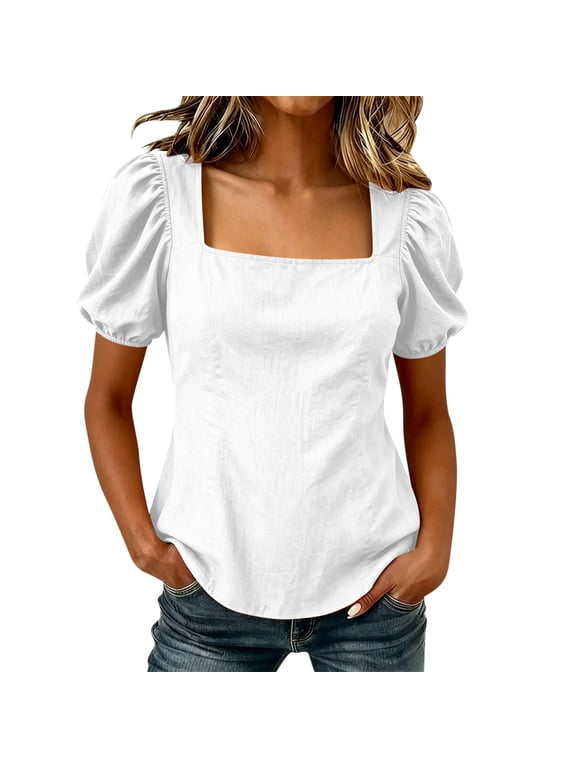 Women's Blouse Square Neck Puff Short Sleeve Textured Solid Casual Tops