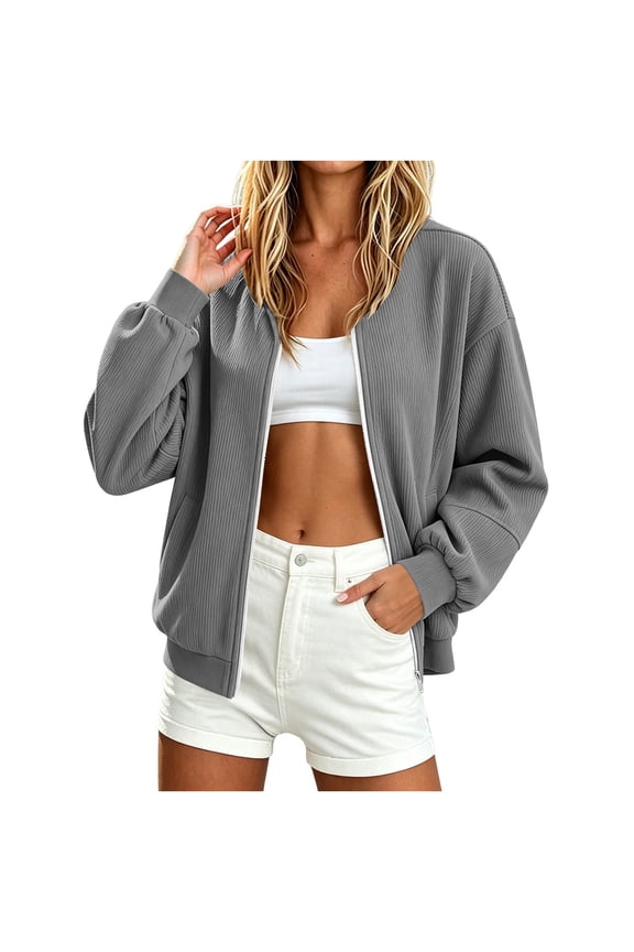 Women's Bomber Jacket Ribbed Knit Full Zip Stand Collar Pocket Casual Long Sleeve Leisure Outerwear