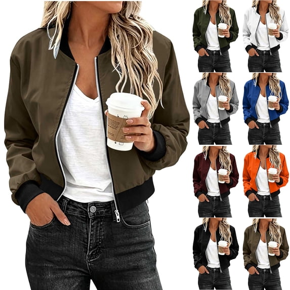 Admvng Women's Bomber Jacket Zip Up Rib Cuff Pocket Casual Short Windproof Coat