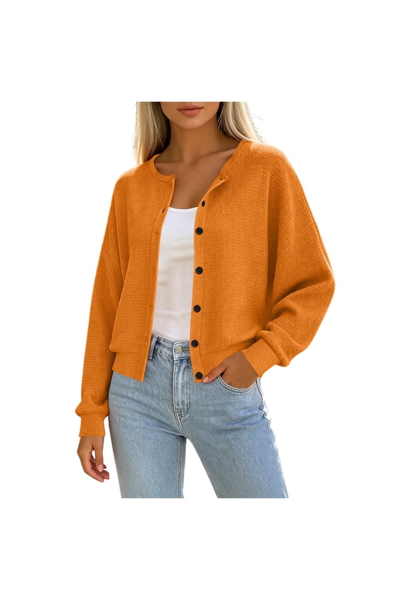 Women's Cardigan Crew Neck Button Down Waffle Knit Long Sleeve Pocket Cropped Sweater Jacket