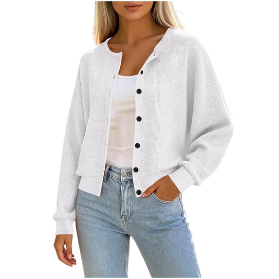 Admvng Women's Cardigan Crew Neck Button Down Waffle Knit Long Sleeve Pocket Cropped Sweater Jacket