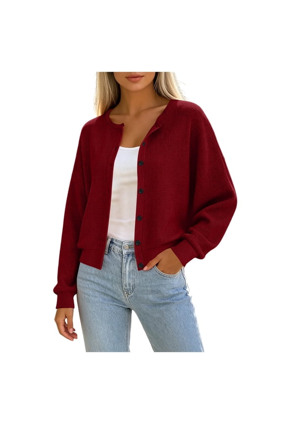 Women's Cardigan Crew Neck Button Down Waffle Knit Long Sleeve Pocket Cropped Sweater Jacket