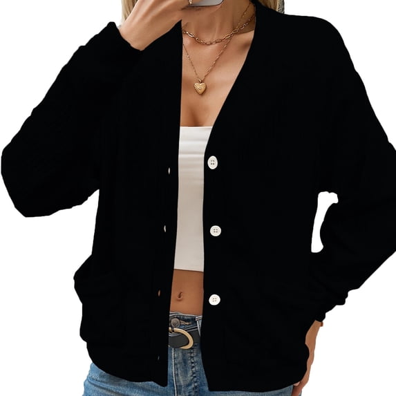Admvng Women's Cardigan Long Sleeve Knit V Neck Button Down Summer Layering Casual Short Jacket with Pockets