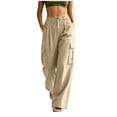thumbnail image 1 of Admvng Women's Cargo Pants Linen High Waist Wide Leg Button Detail Trousers with Multi Pockets, 1 of 8