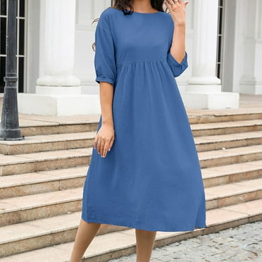 Admvng Women's Casual Dresses Fashion Mid-sleeve Round Neck Solid Color Cotton And Linen Pockets Dresses on Clearance
