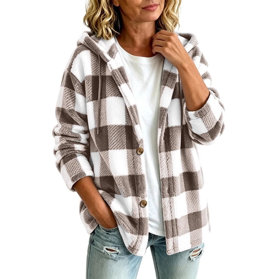 Admvng Women's Checkered Jacket Hooded Long Sleeve Casual Warm Outerwear