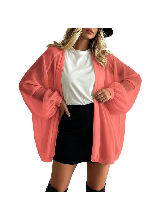 Women's Chiffon Cardigan Balloon Sleeve Lightweight Summer Beach Cover Up Jacket
